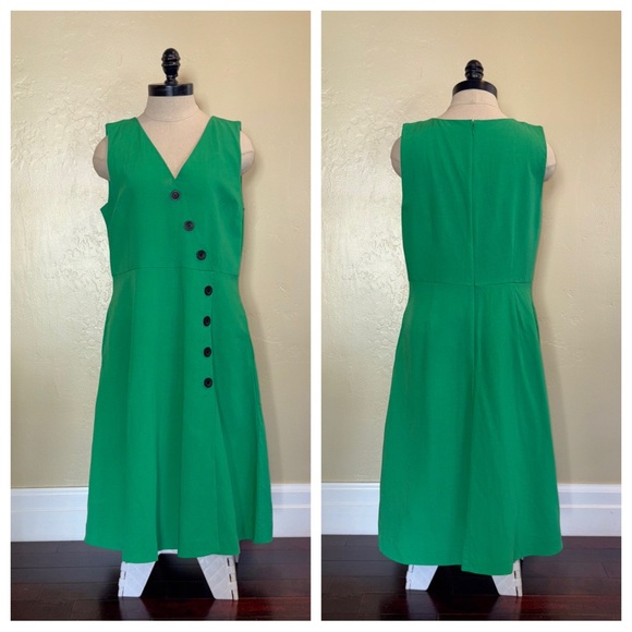 Ann Taylor Side Button Linen Blend Flare Dress Parrot Green Size 10